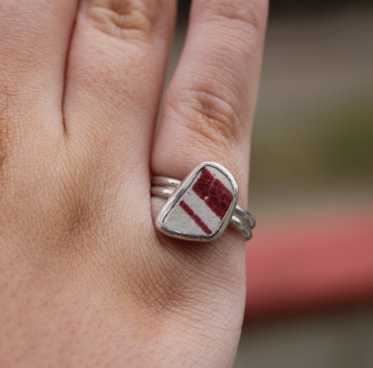 Red and White Sea Pottery Ring