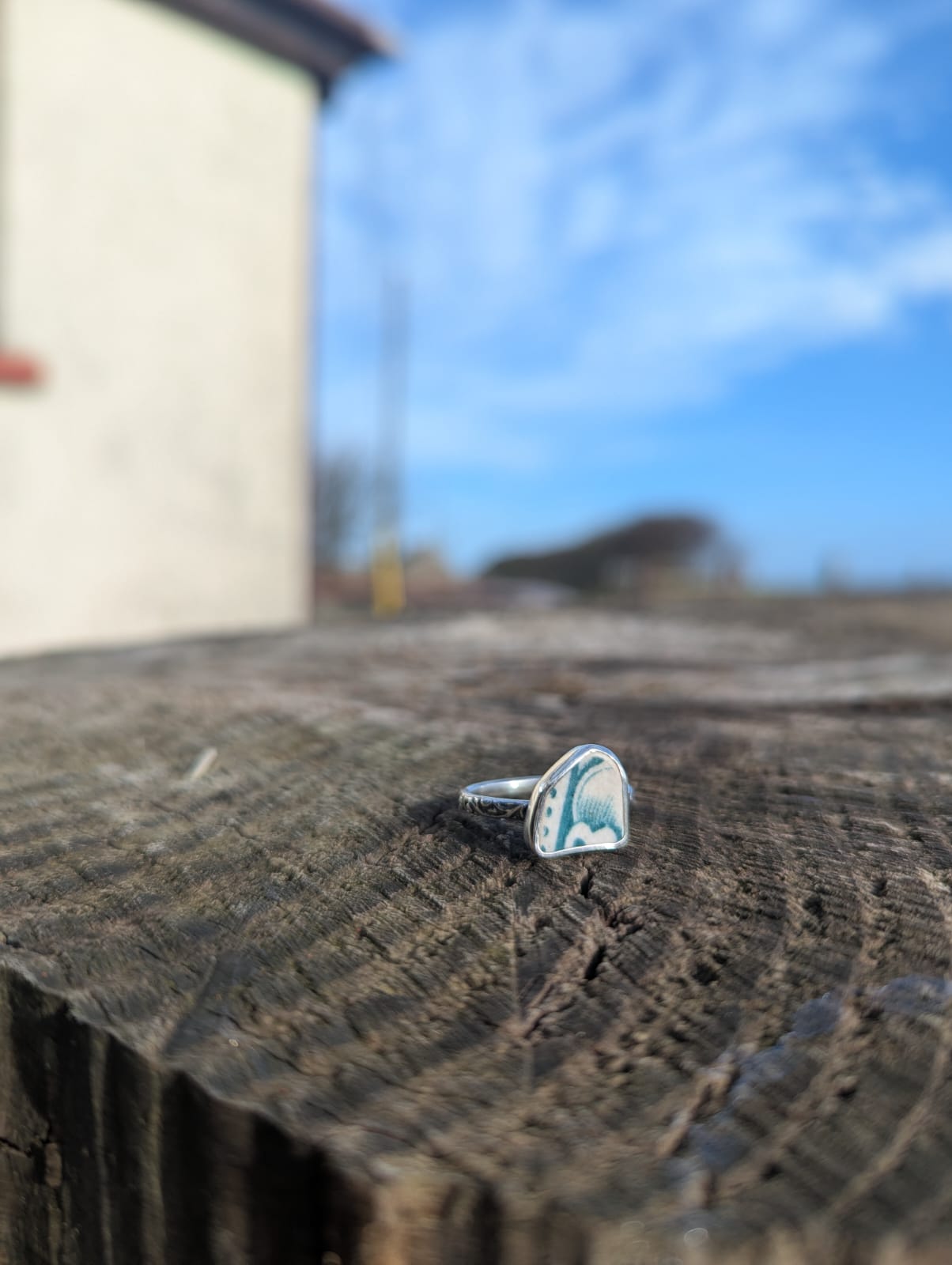 Teal and White Sea Pottery Ring