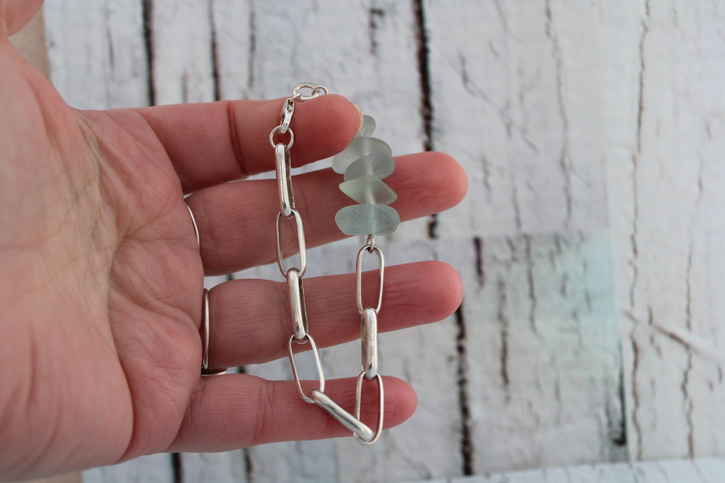 Paperclip Chain and Sea Glass Bracelet