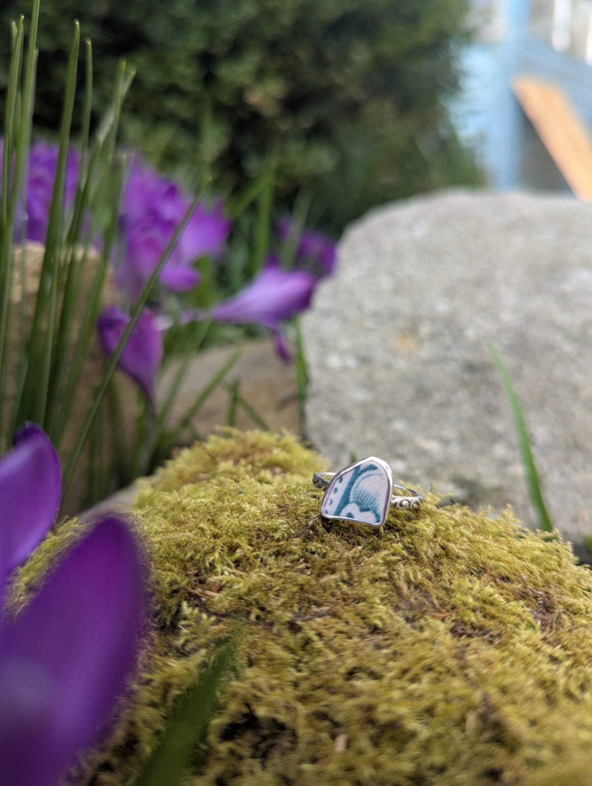 Teal and White Sea Pottery Ring