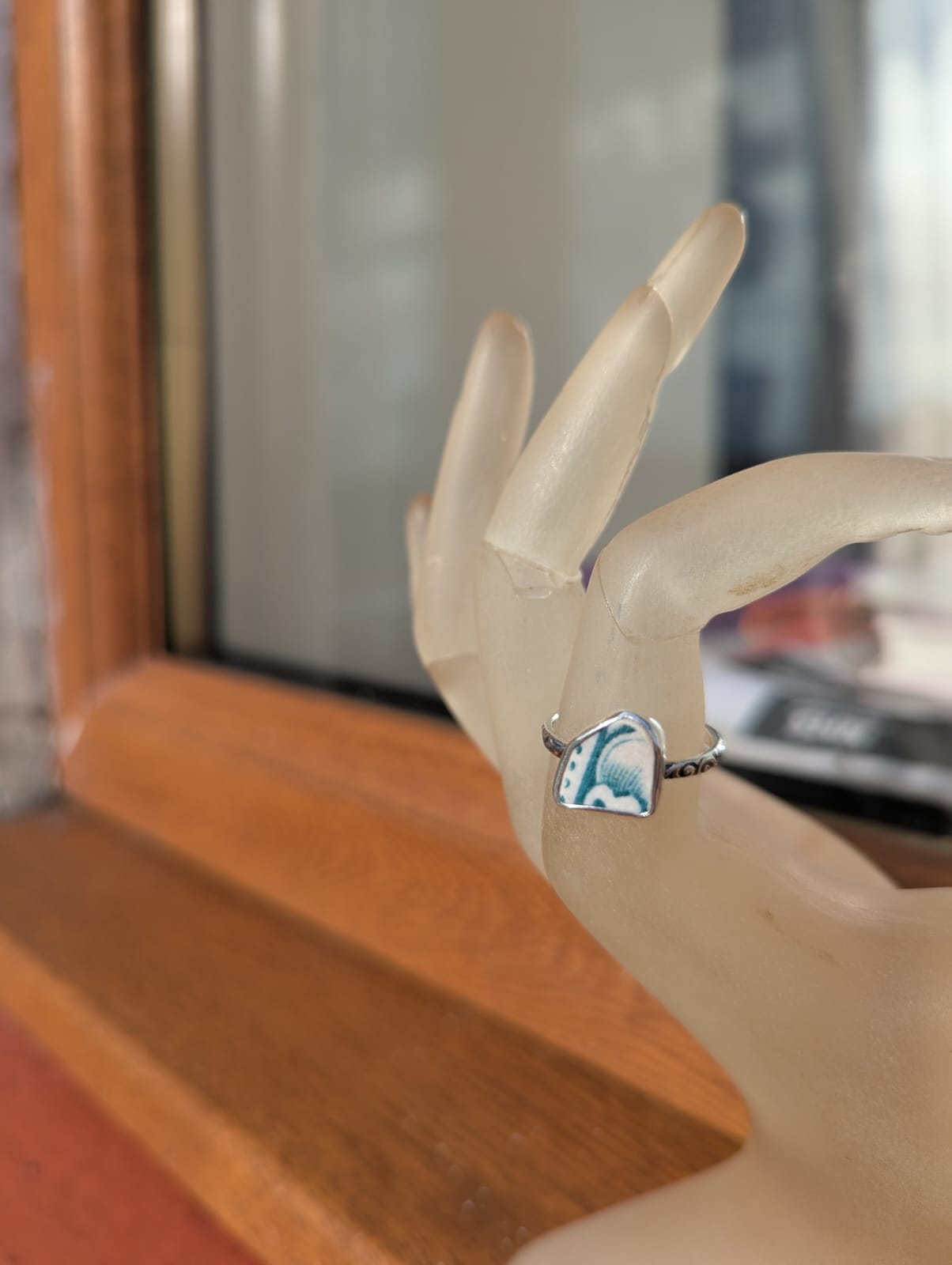 Teal and White Sea Pottery Ring