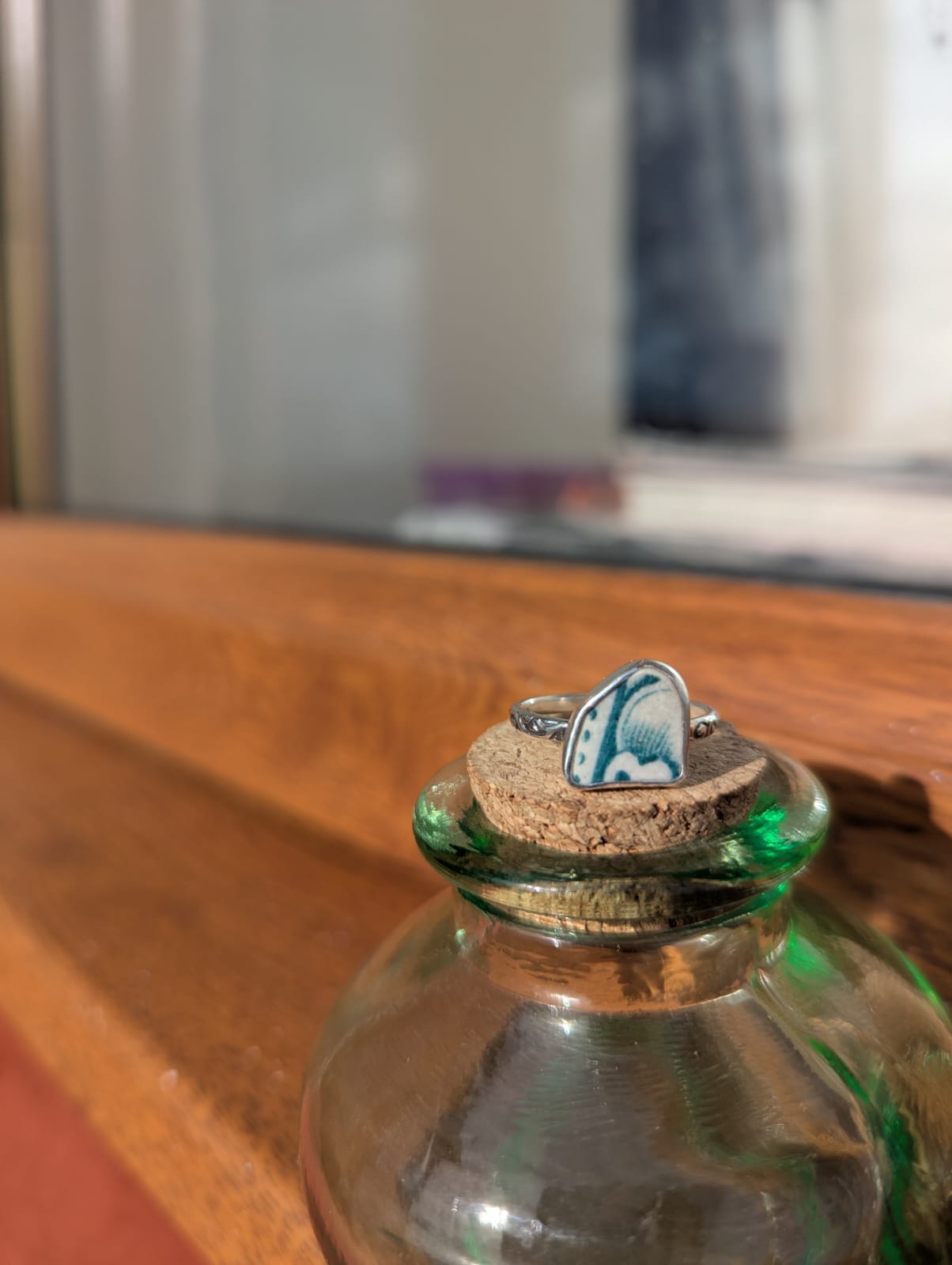 Teal and White Sea Pottery Ring