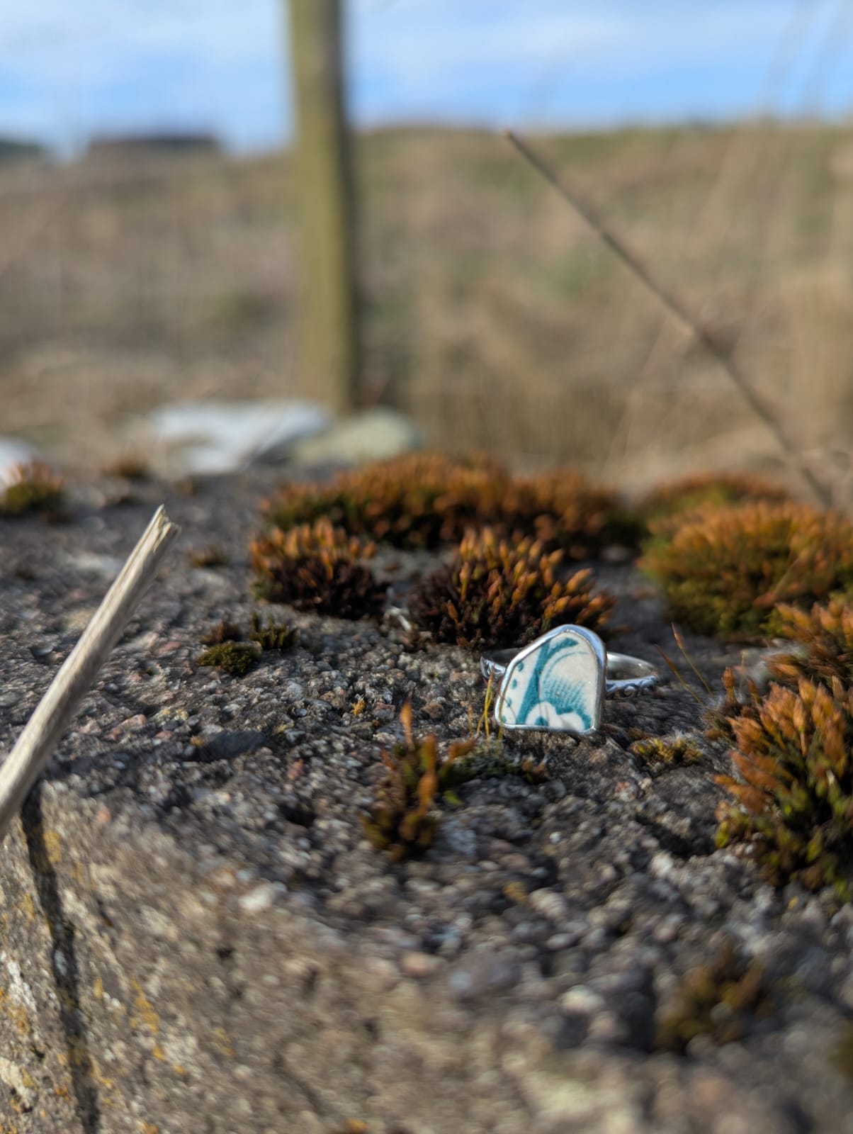 Teal and White Sea Pottery Ring