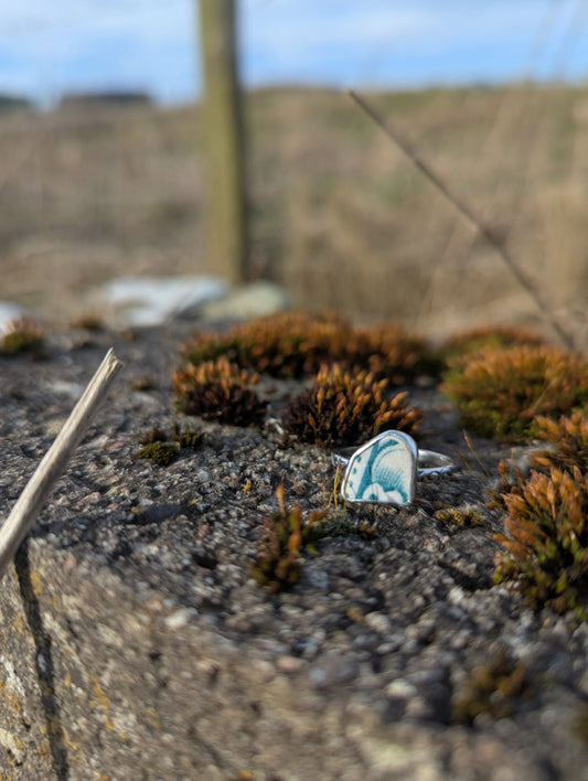 Teal and White Sea Pottery Ring