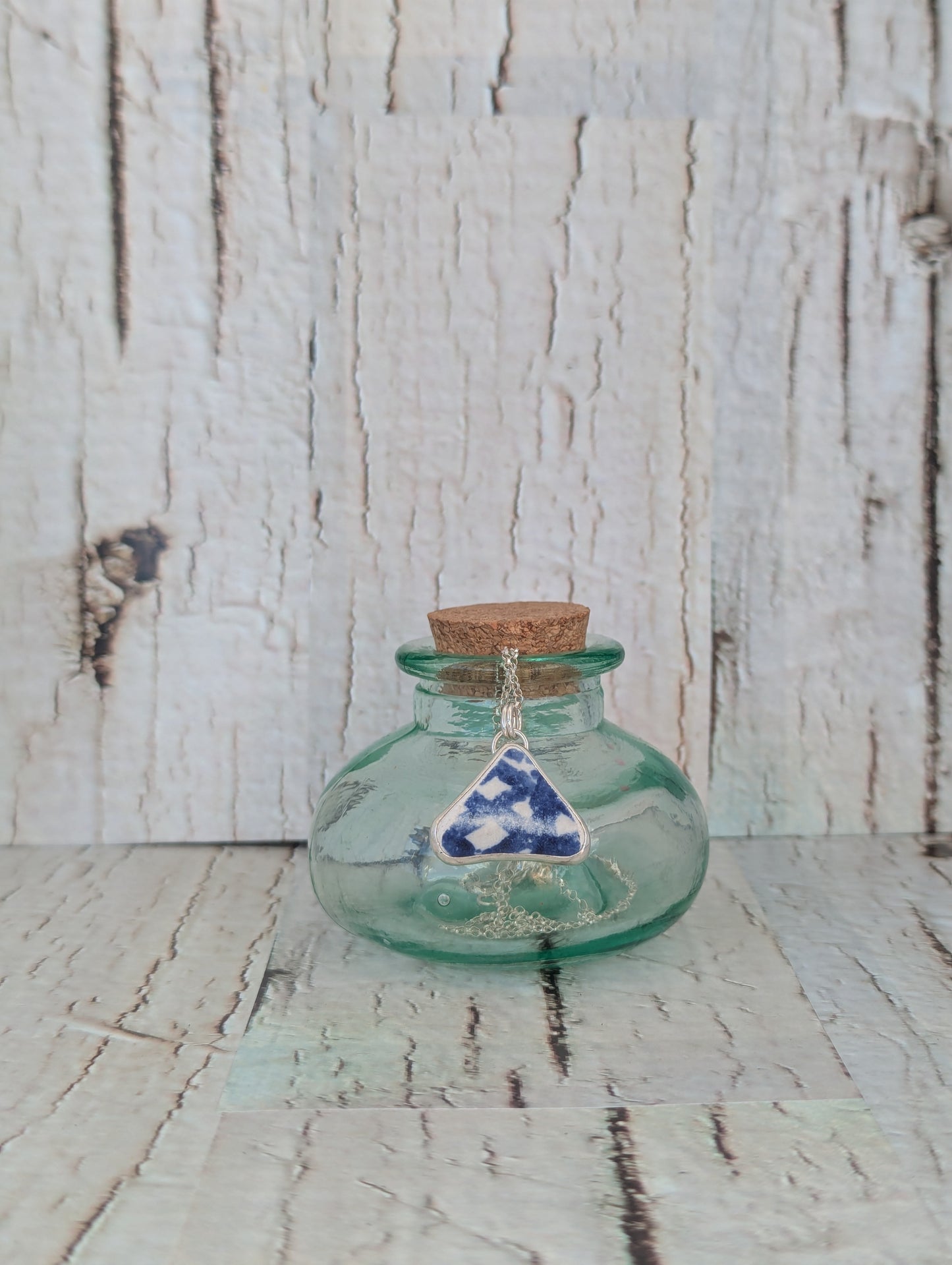 Blue and White Sea Glass Pottery Necklace