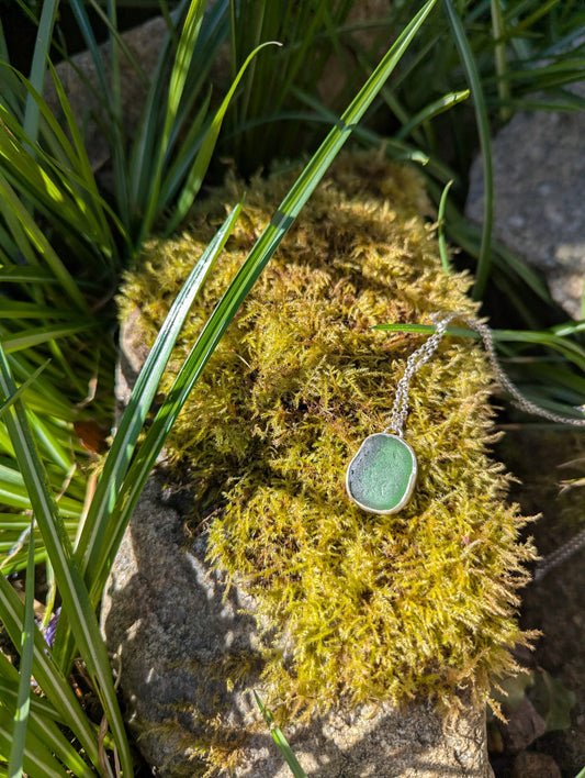Green Sea Glass Necklace with Swirl