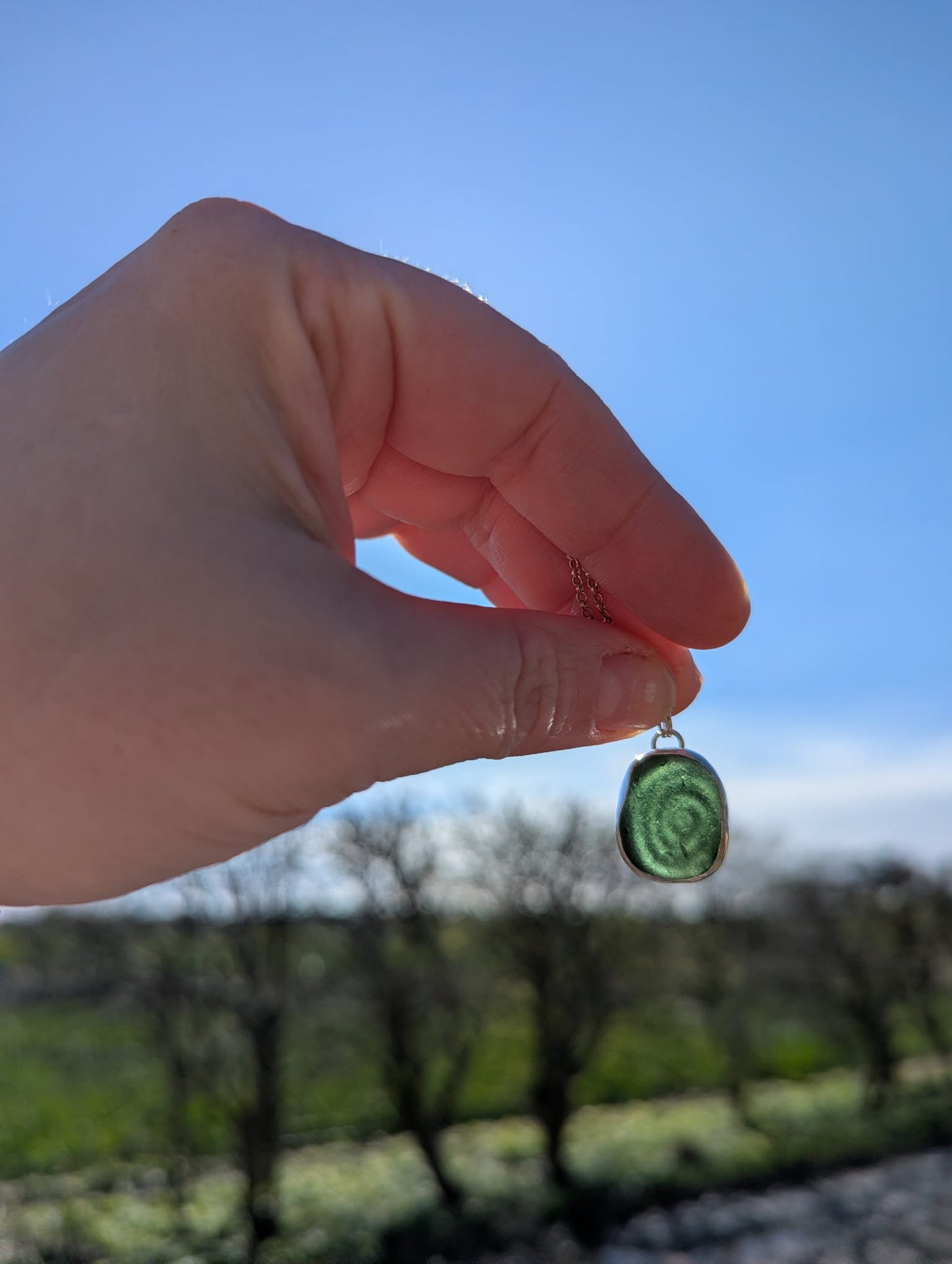 Green Sea Glass Necklace with Swirl