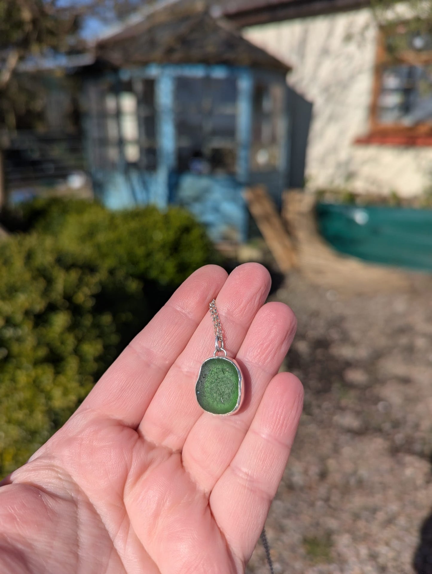 Green Sea Glass Necklace with Swirl