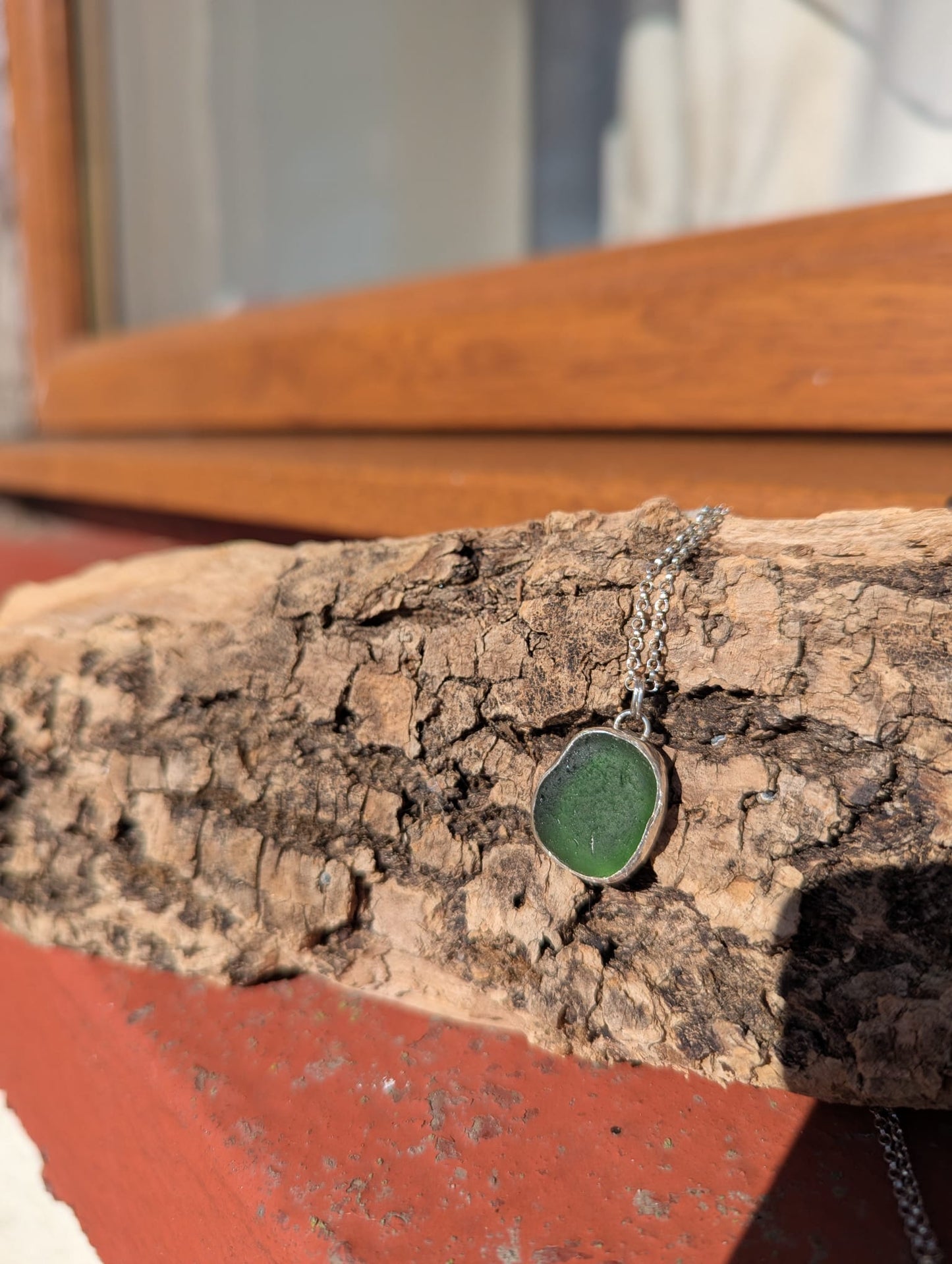 Green Sea Glass Necklace with Swirl